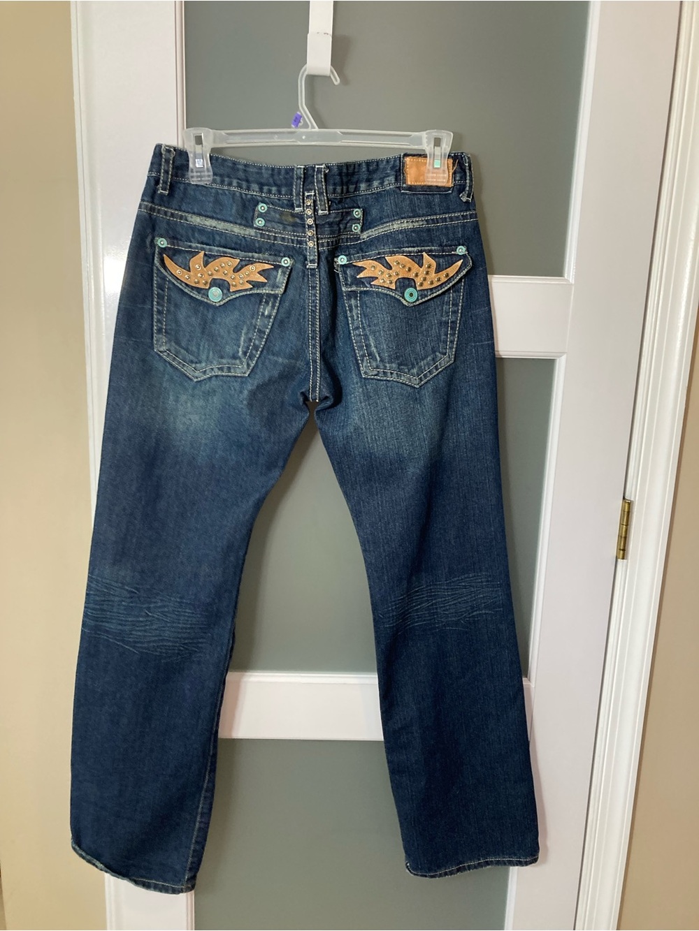 Robin's Jean Eagle Leather Wing Flap Pocket Studded Denim Jeans - Size 16